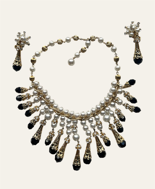 Black Rhinestones With Faux Pearls Bib Necklace with Matching Clip On Earrings