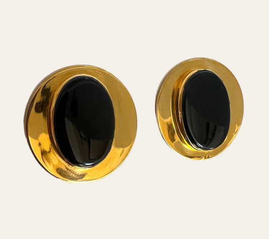 Gold Plate TULLA BOOTH With Black Onyx Clip On Earrings