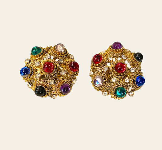 Gold Tone Clip On Earrings with Multicoloured Cabochons